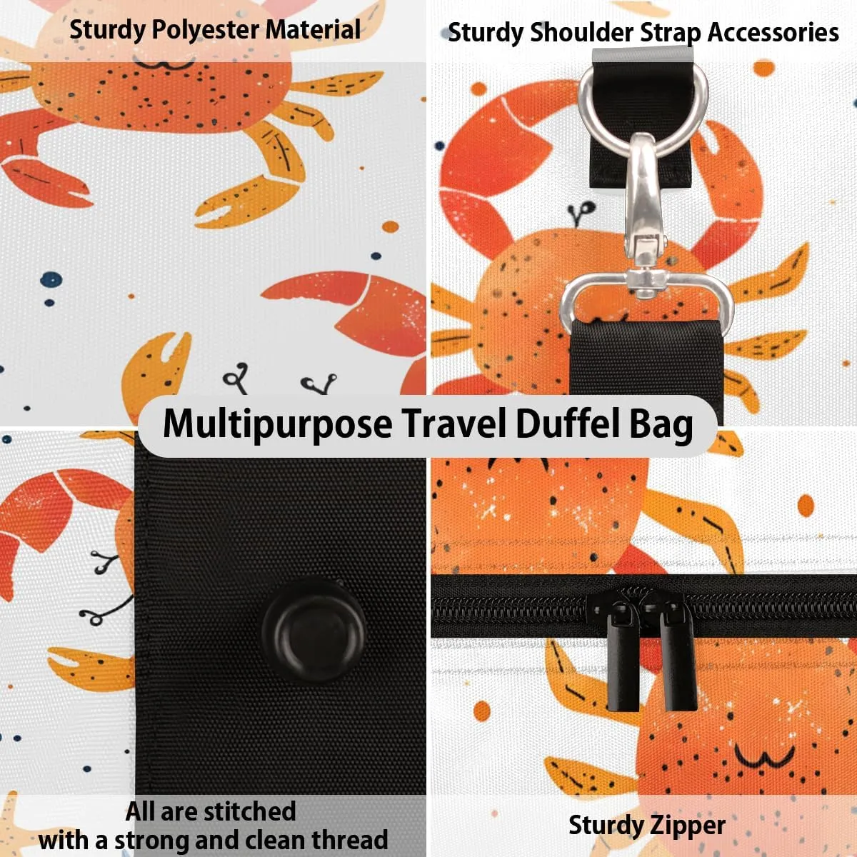 Crab Travel Duffle Bag, Sports Gym Bags for Women Men, Carry On Weekender Overnight Bag, Ocean Marine Theme Workout Hospital Airplane Trips Bag