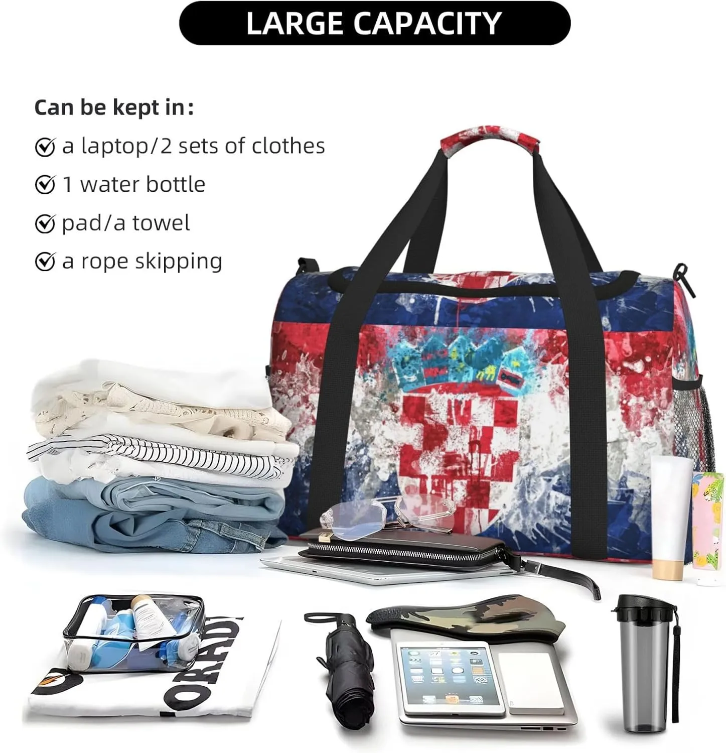 Croatia Flag Paint Travel Duffel Bag Large Foldable Waterproof Overnight Bag For Beach Swim Bags Pool Sports Gym