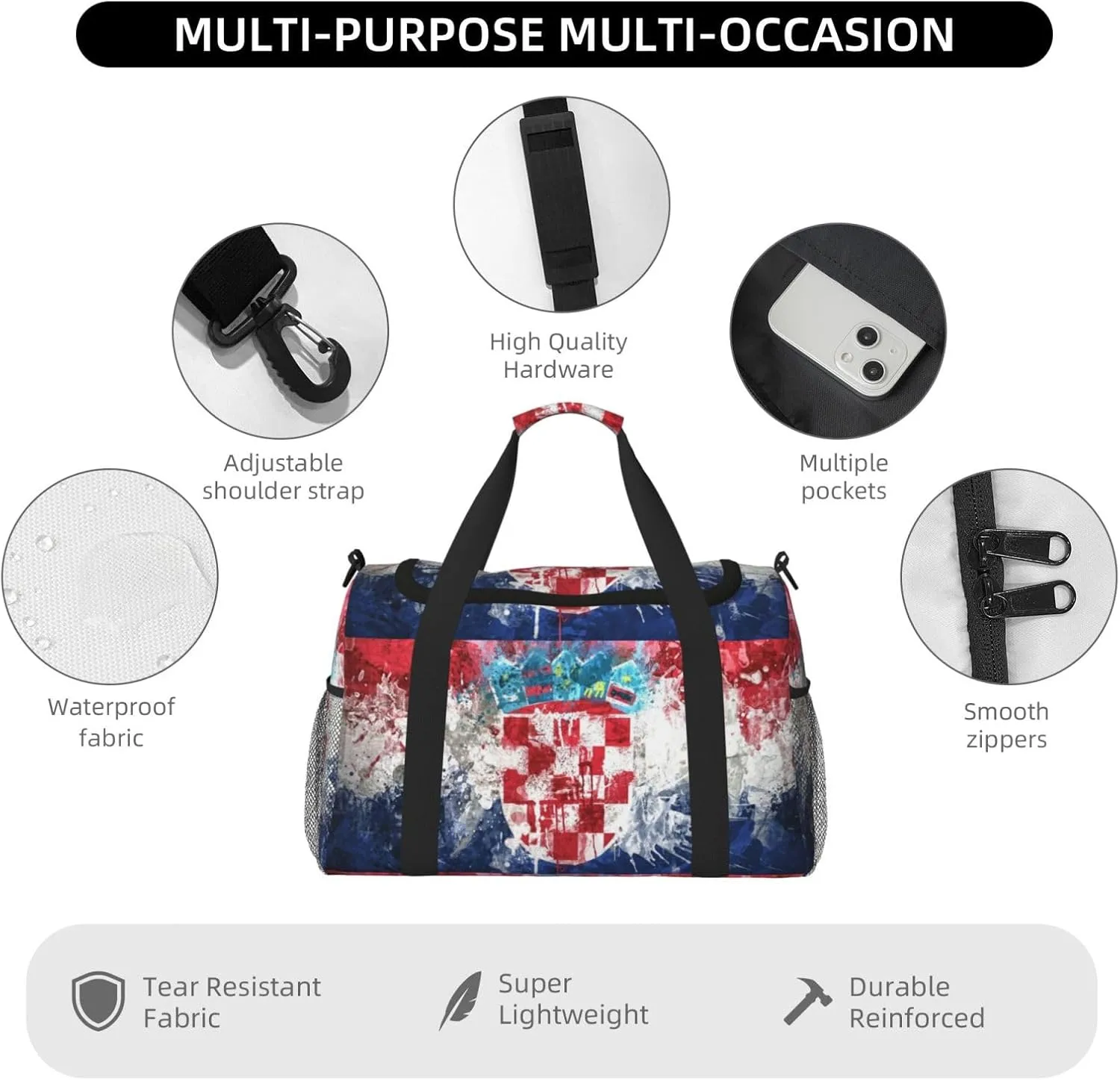 Croatia Flag Paint Travel Duffel Bag Large Foldable Waterproof Overnight Bag For Beach Swim Bags Pool Sports Gym