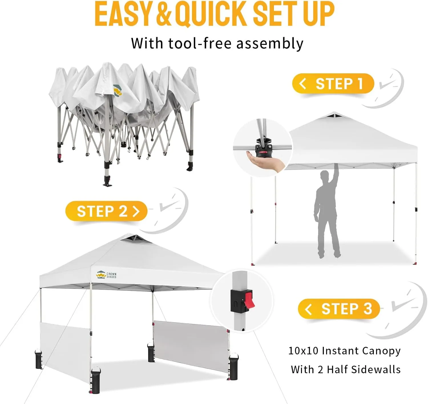 CROWN SHADES 10x10 Pop up Canopy Tent Instant Canopy with 150D Silver Coated Fabric Including 2 Half Sidewalls, 4 Ropes, 8 Stakes, 4 Weight Bags, STO 'N Go Bag, White