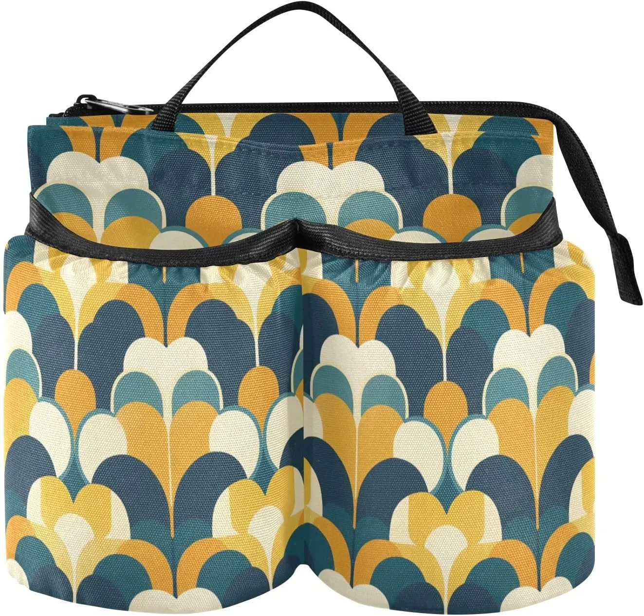 Cup Holder for Luggage Free Hand Retro Flowers Petal Plaid Yellow Navy Luggage Accessories Travel Two Cup Holder for Attendant Must Haves
