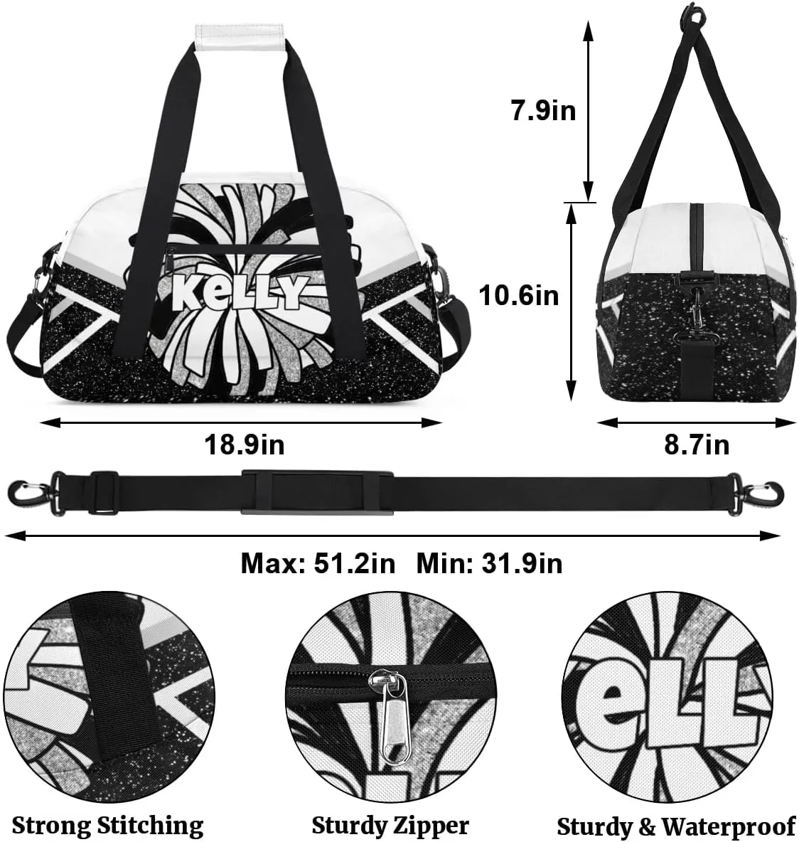 Custom Cheerleading Bag, Personalized Cheer Gym Bag with Name, Weekender Travel Overnight Bag for Women Black White