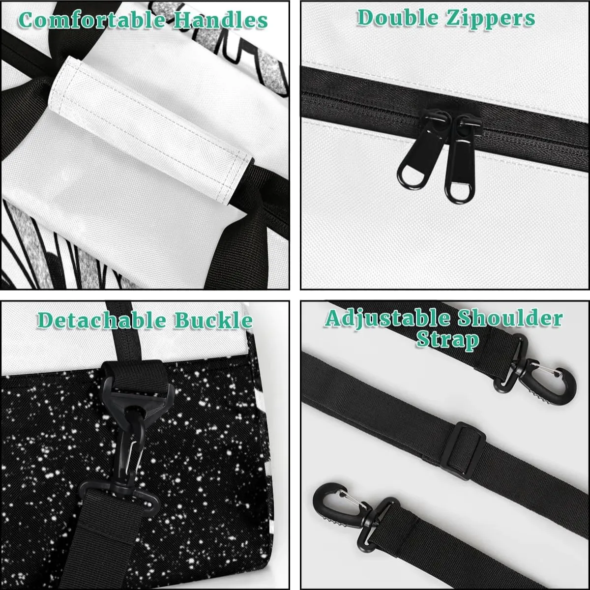 Custom Cheerleading Bag, Personalized Cheer Gym Bag with Name, Weekender Travel Overnight Bag for Women Black White