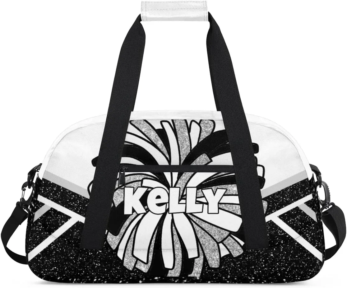 Custom Cheerleading Bag, Personalized Cheer Gym Bag with Name, Weekender Travel Overnight Bag for Women Black White