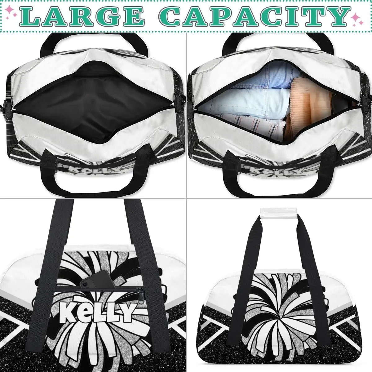 Custom Cheerleading Bag, Personalized Cheer Gym Bag with Name, Weekender Travel Overnight Bag for Women Black White