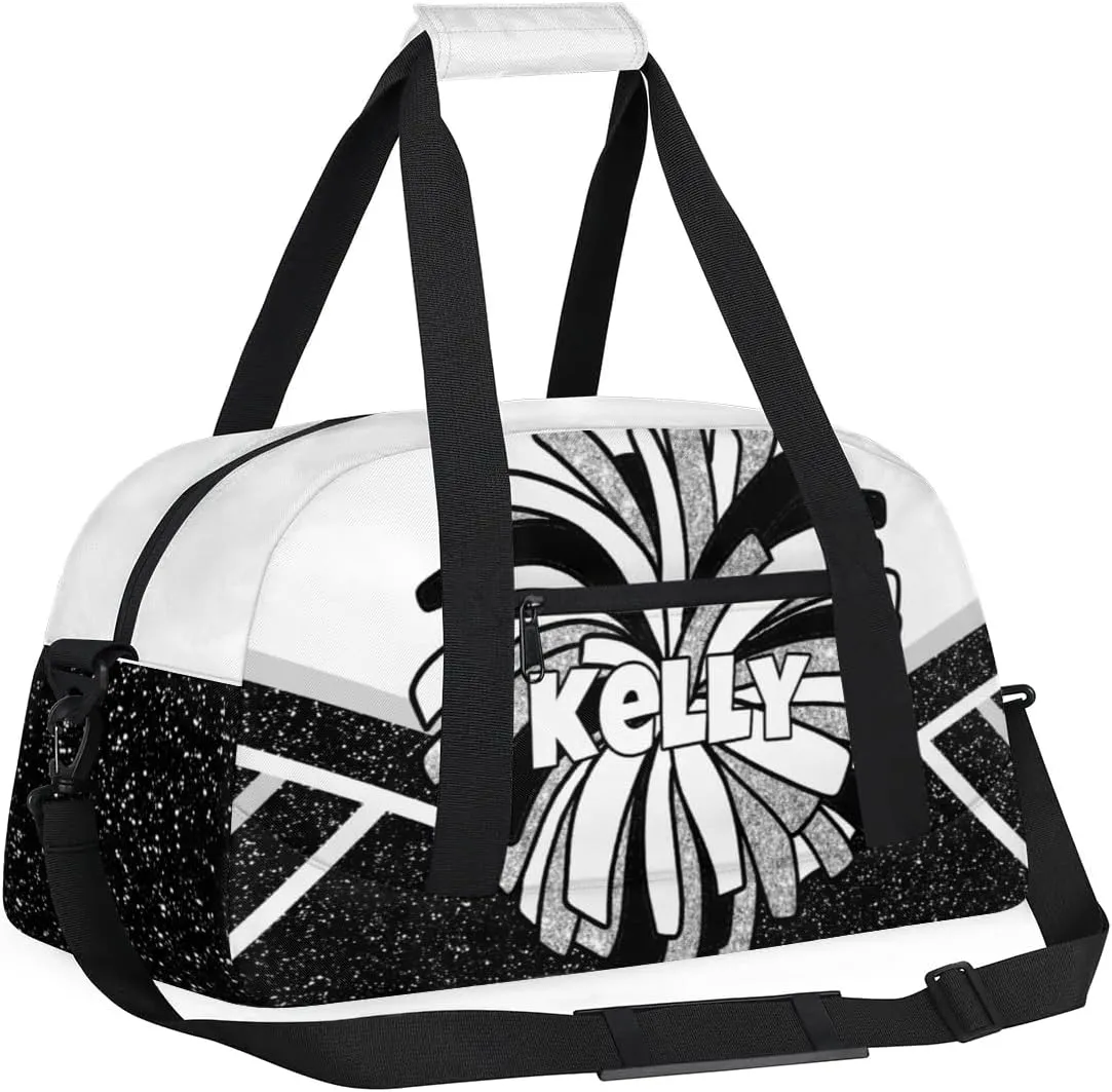 Custom Cheerleading Bag, Personalized Cheer Gym Bag with Name, Weekender Travel Overnight Bag for Women Black White