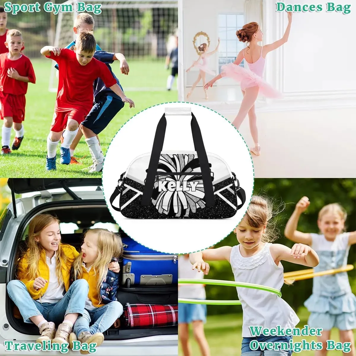 Custom Cheerleading Bag, Personalized Cheer Gym Bag with Name, Weekender Travel Overnight Bag for Women Black White