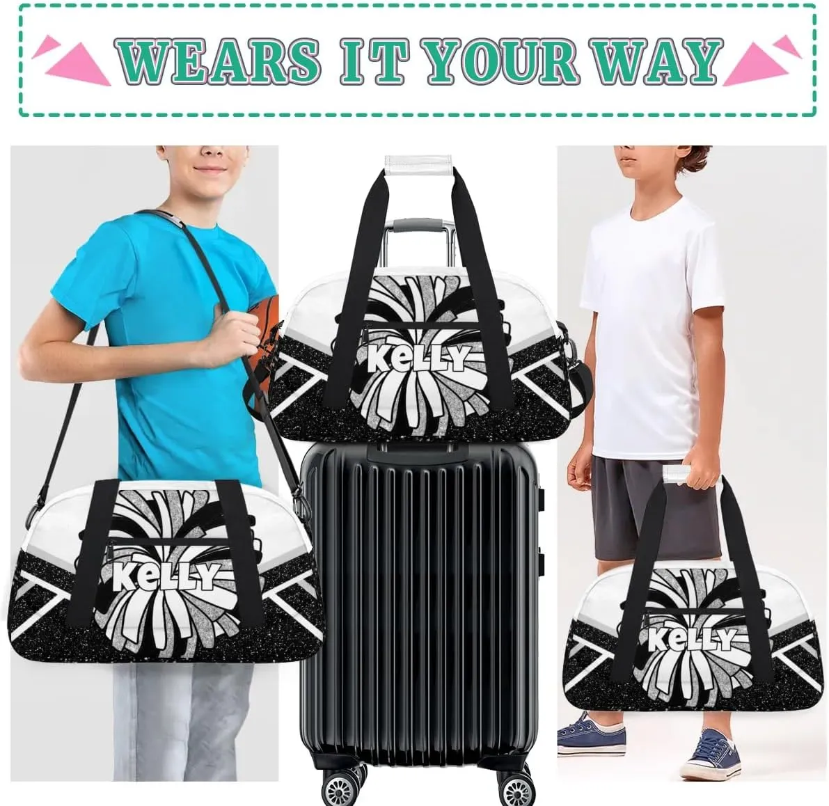 Custom Cheerleading Bag, Personalized Cheer Gym Bag with Name, Weekender Travel Overnight Bag for Women Black White