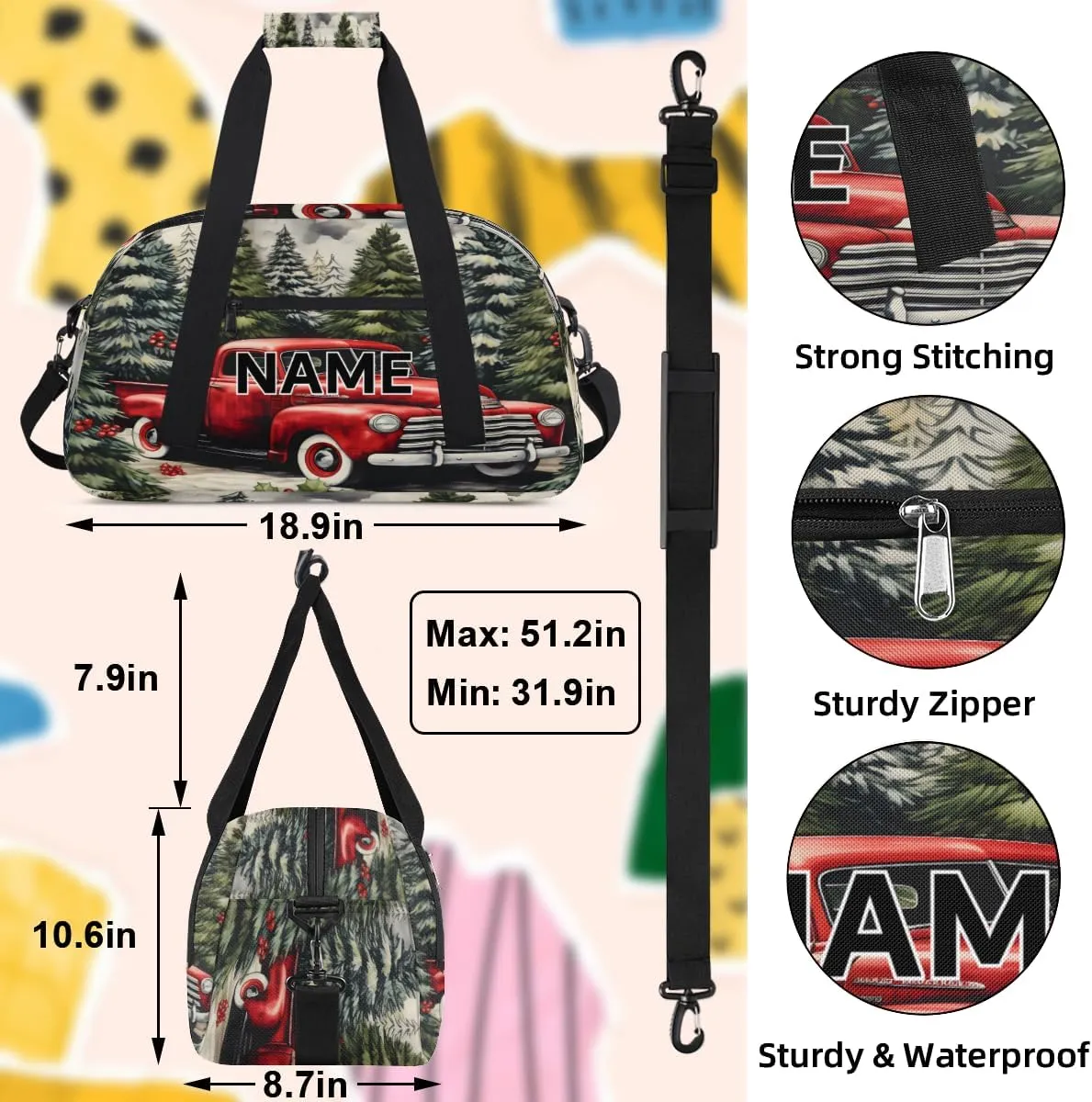 Custom Christmas Small Gym Bag 18 inch for Women Men Personalized Christmas Forest Tree Red Car Carry On Overnight Weekender Bag for Travel Work Dance Sport