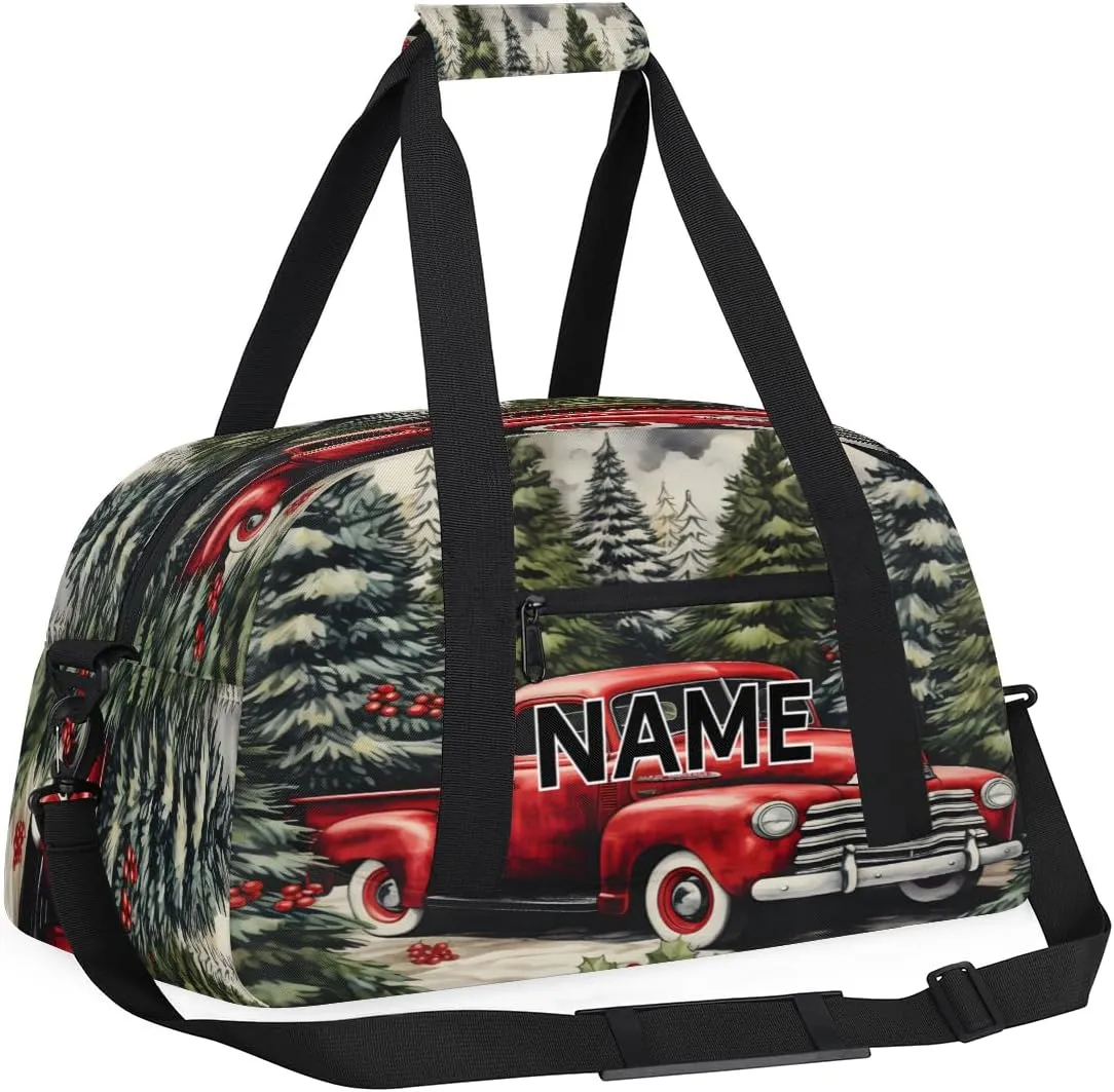 Custom Christmas Small Gym Bag 18 inch for Women Men Personalized Christmas Forest Tree Red Car Carry On Overnight Weekender Bag for Travel Work Dance Sport