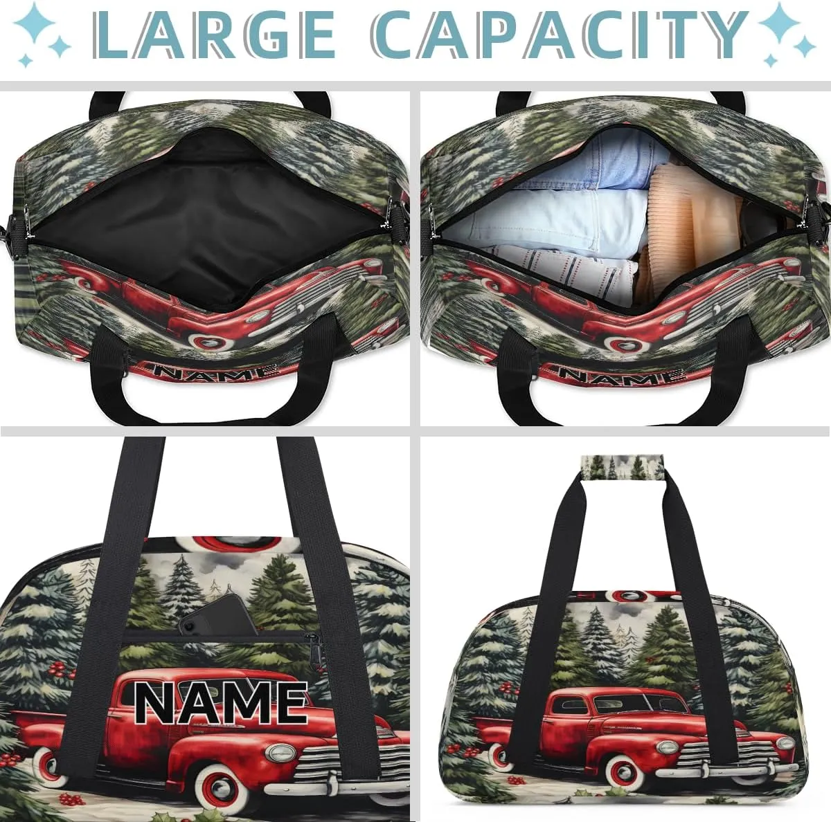 Custom Christmas Small Gym Bag 18 inch for Women Men Personalized Christmas Forest Tree Red Car Carry On Overnight Weekender Bag for Travel Work Dance Sport