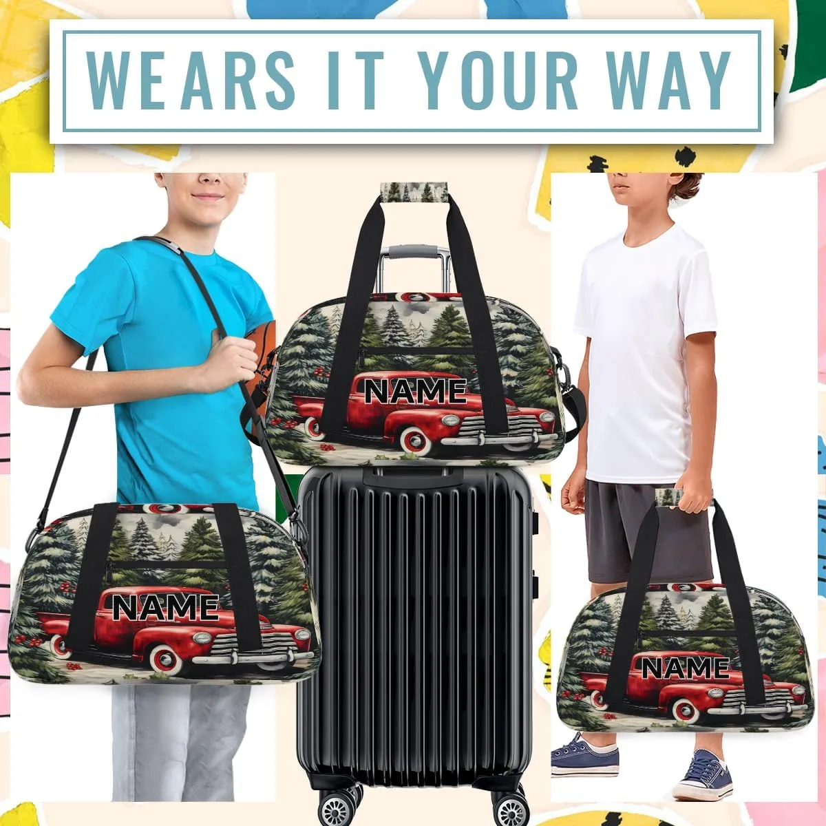 Custom Christmas Small Gym Bag 18 inch for Women Men Personalized Christmas Forest Tree Red Car Carry On Overnight Weekender Bag for Travel Work Dance Sport