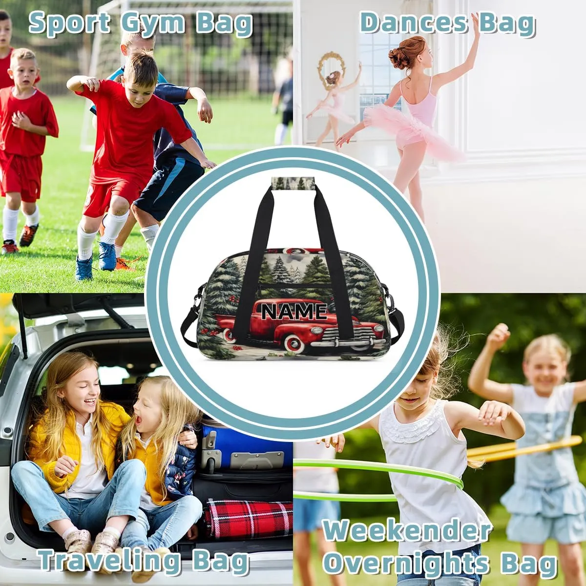 Custom Christmas Small Gym Bag 18 inch for Women Men Personalized Christmas Forest Tree Red Car Carry On Overnight Weekender Bag for Travel Work Dance Sport