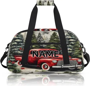 Custom Christmas Small Gym Bag 18 inch for Women Men Personalized Christmas Forest Tree Red Car Carry On Overnight Weekender Bag for Travel Work Dance Sport