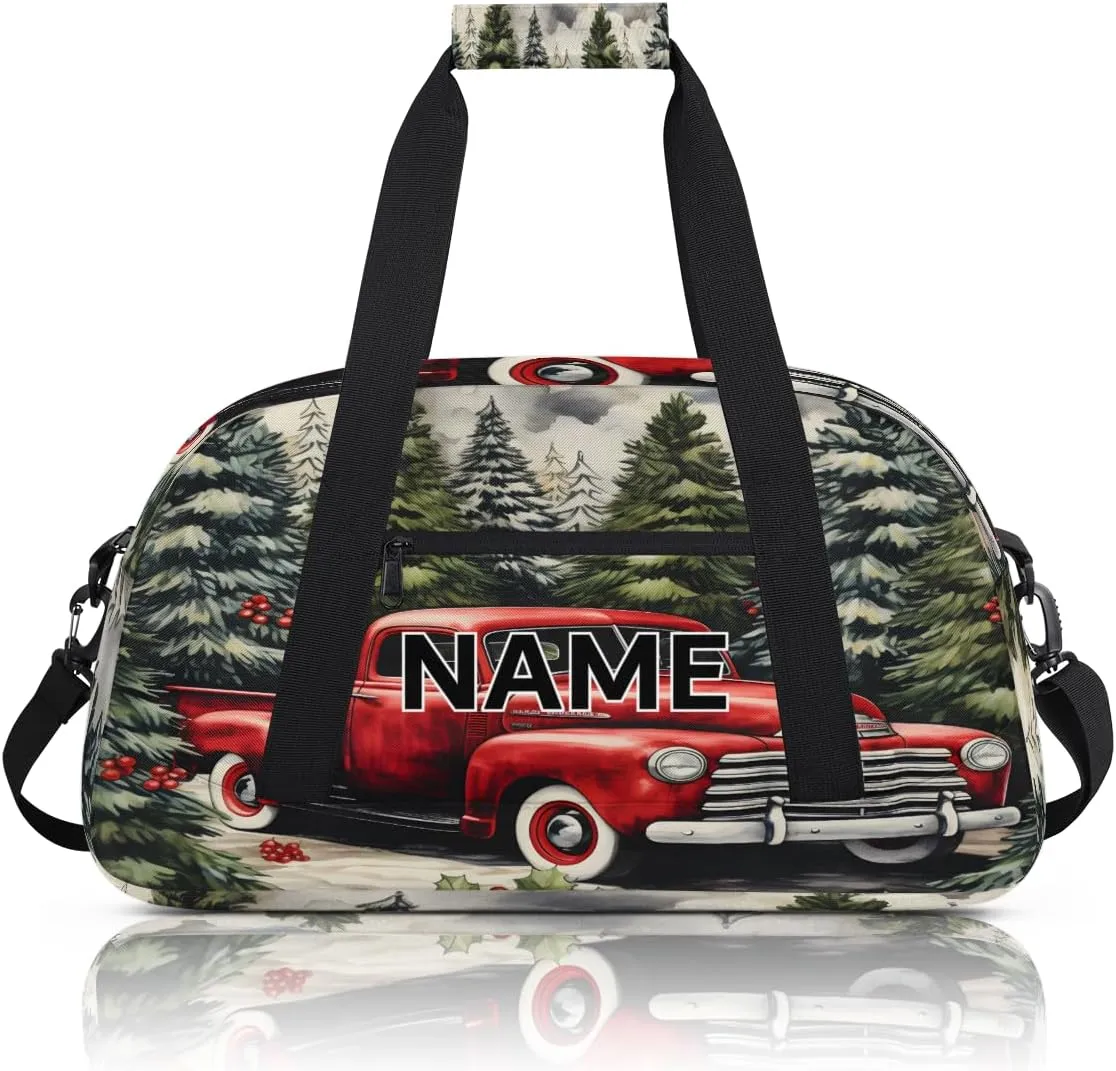 Custom Christmas Small Gym Bag 18 inch for Women Men Personalized Christmas Forest Tree Red Car Carry On Overnight Weekender Bag for Travel Work Dance Sport