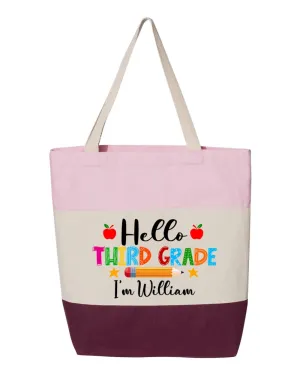 Custom Hello Third Grade Tote Bag, Personalized Teacher Grade Gift, 3rd Grade Bag, Third Grade Bag, 3rd Grade Grad Gift, Teacher Team Bags, Gift for Teachers (15"L x 15"H x 3"D, Tri-Color Pink)