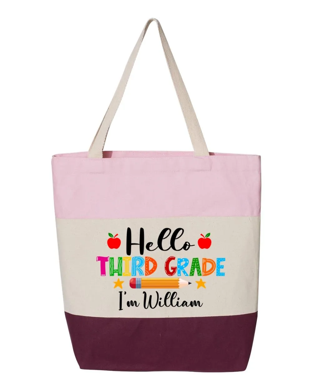 Custom Hello Third Grade Tote Bag, Personalized Teacher Grade Gift, 3rd Grade Bag, Third Grade Bag, 3rd Grade Grad Gift, Teacher Team Bags, Gift for Teachers (15"L x 15"H x 3"D, Tri-Color Pink)