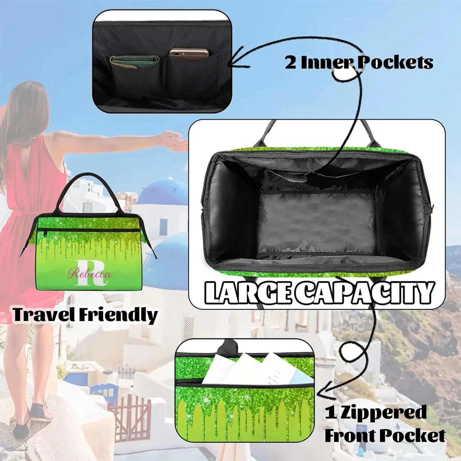 Custom Name Sports Duffel Bag Personalized Dance Gym Bag for Women Men Overnight Weekender Travel Duffel Bags Lightweight 15.2in, Grass Green