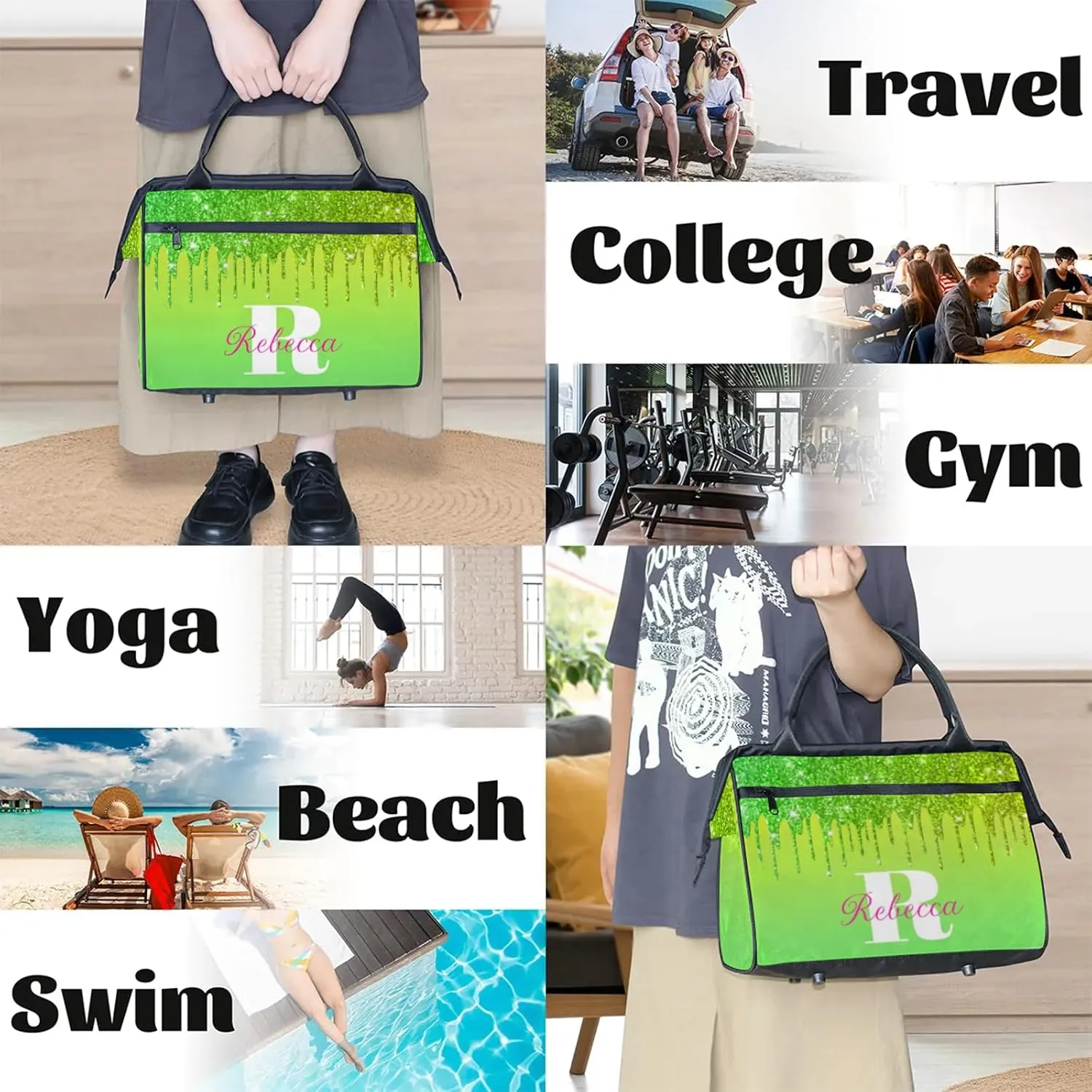 Custom Name Sports Duffel Bag Personalized Dance Gym Bag for Women Men Overnight Weekender Travel Duffel Bags Lightweight 15.2in, Grass Green