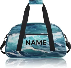 Custom Ocean Small Gym Bag 18 inch for Women Men Personalized Blue Ocean Waves Carry On Overnight Weekender Bag for Travel Work Dance Sport