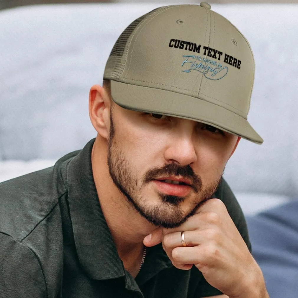 Custom Trucker Hat Baseball Cap I'd Rather Be Fishing Blue Embroidery Cotton