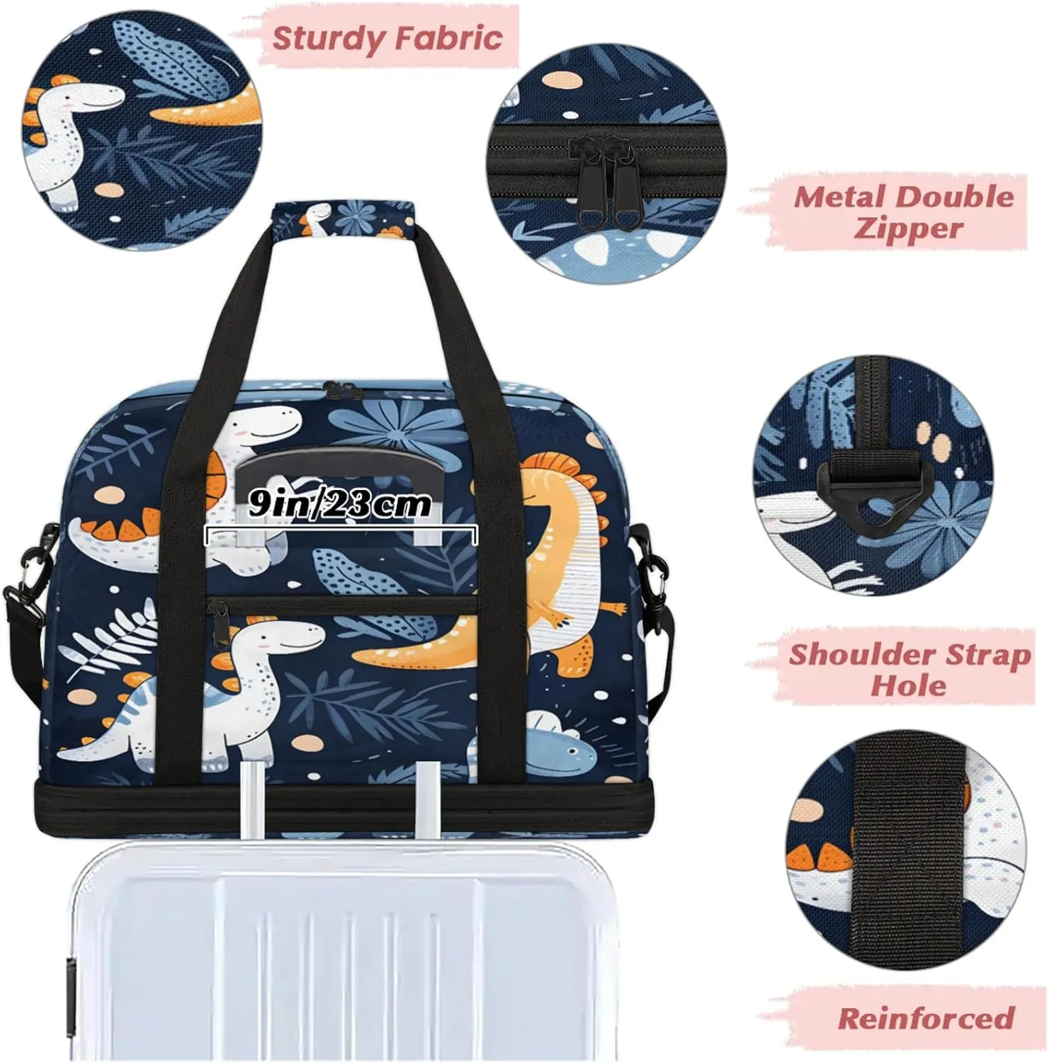 Cute Animal Dinosaur Blue Travel Duffel Bags for Women & Men Large Sports Gym Bags Foldie Weekender Overnight Bag Carry On Tote Bag With Shoe Compartment Personal Item Bag for Travel Sports Gym