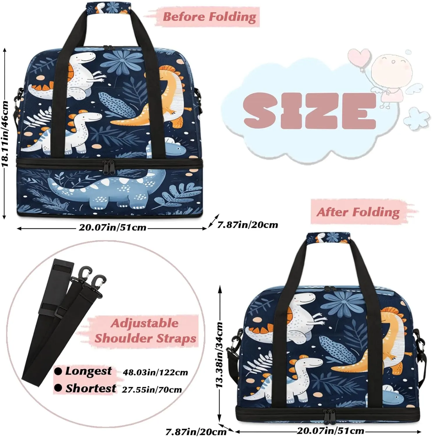 Cute Animal Dinosaur Blue Travel Duffel Bags for Women & Men Large Sports Gym Bags Foldie Weekender Overnight Bag Carry On Tote Bag With Shoe Compartment Personal Item Bag for Travel Sports Gym