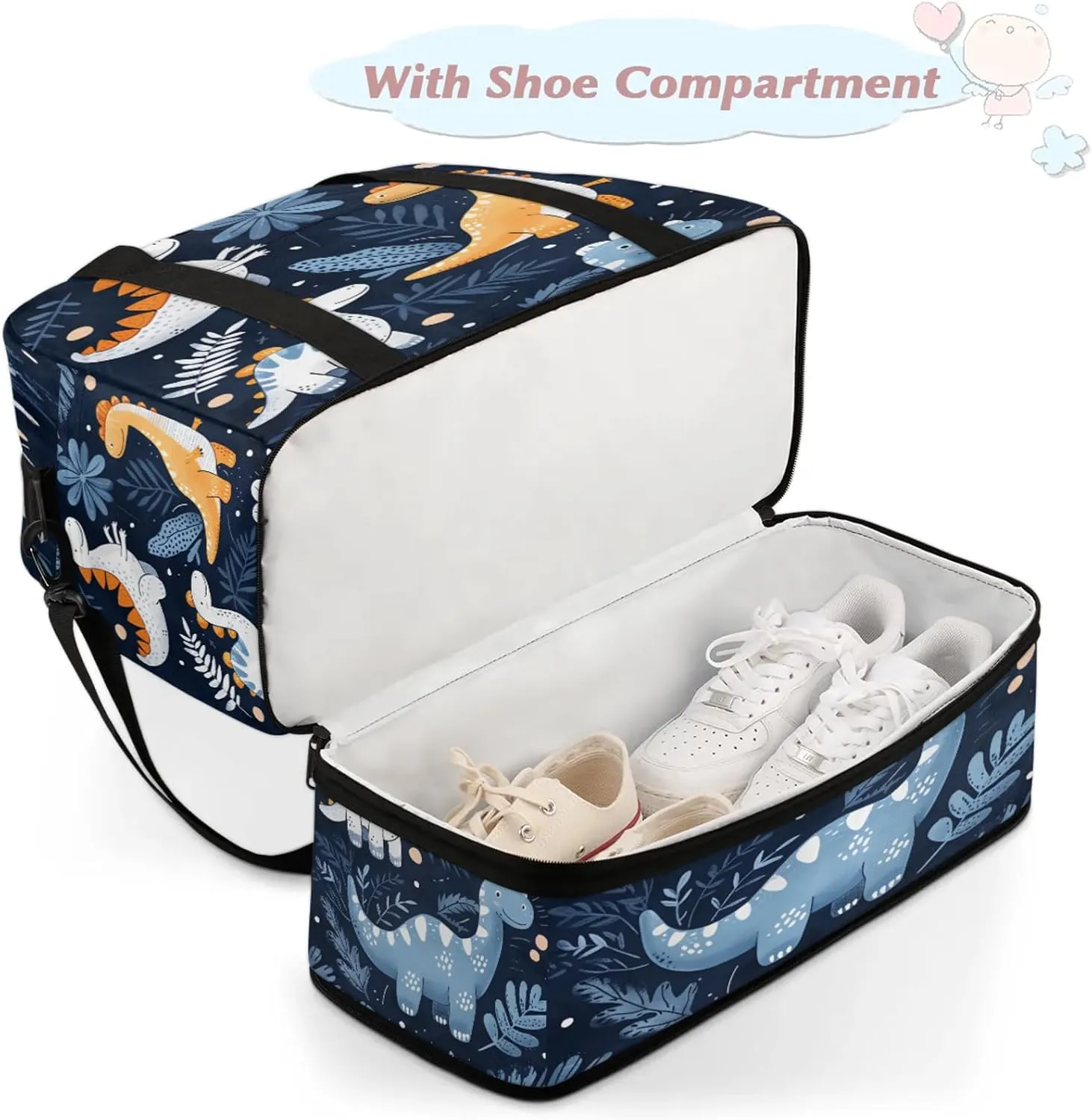 Cute Animal Dinosaur Blue Travel Duffel Bags for Women & Men Large Sports Gym Bags Foldie Weekender Overnight Bag Carry On Tote Bag With Shoe Compartment Personal Item Bag for Travel Sports Gym