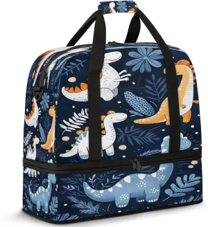 Cute Animal Dinosaur Blue Travel Duffel Bags for Women & Men Large Sports Gym Bags Foldie Weekender Overnight Bag Carry On Tote Bag With Shoe Compartment Personal Item Bag for Travel Sports Gym