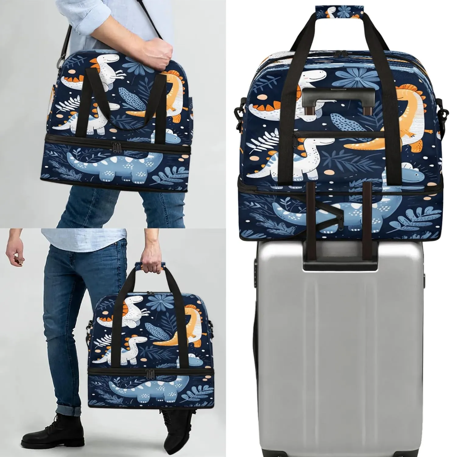 Cute Animal Dinosaur Blue Travel Duffel Bags for Women & Men Large Sports Gym Bags Foldie Weekender Overnight Bag Carry On Tote Bag With Shoe Compartment Personal Item Bag for Travel Sports Gym
