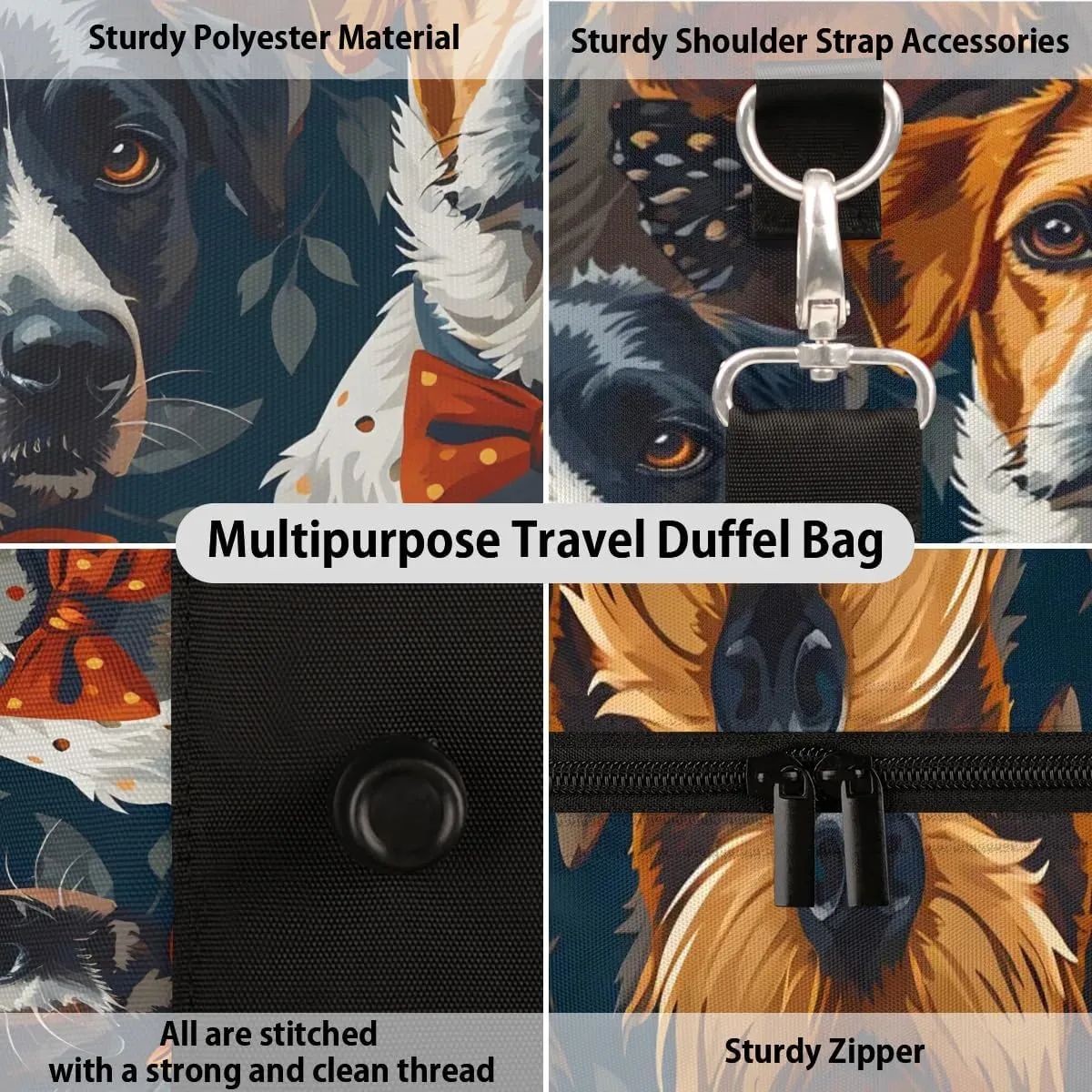 Cute Animal Dog Travel Duffel Bag for Women Men Waterproof Foldable Overnight Weekender Bag Large Capacity Sports Gym Bag