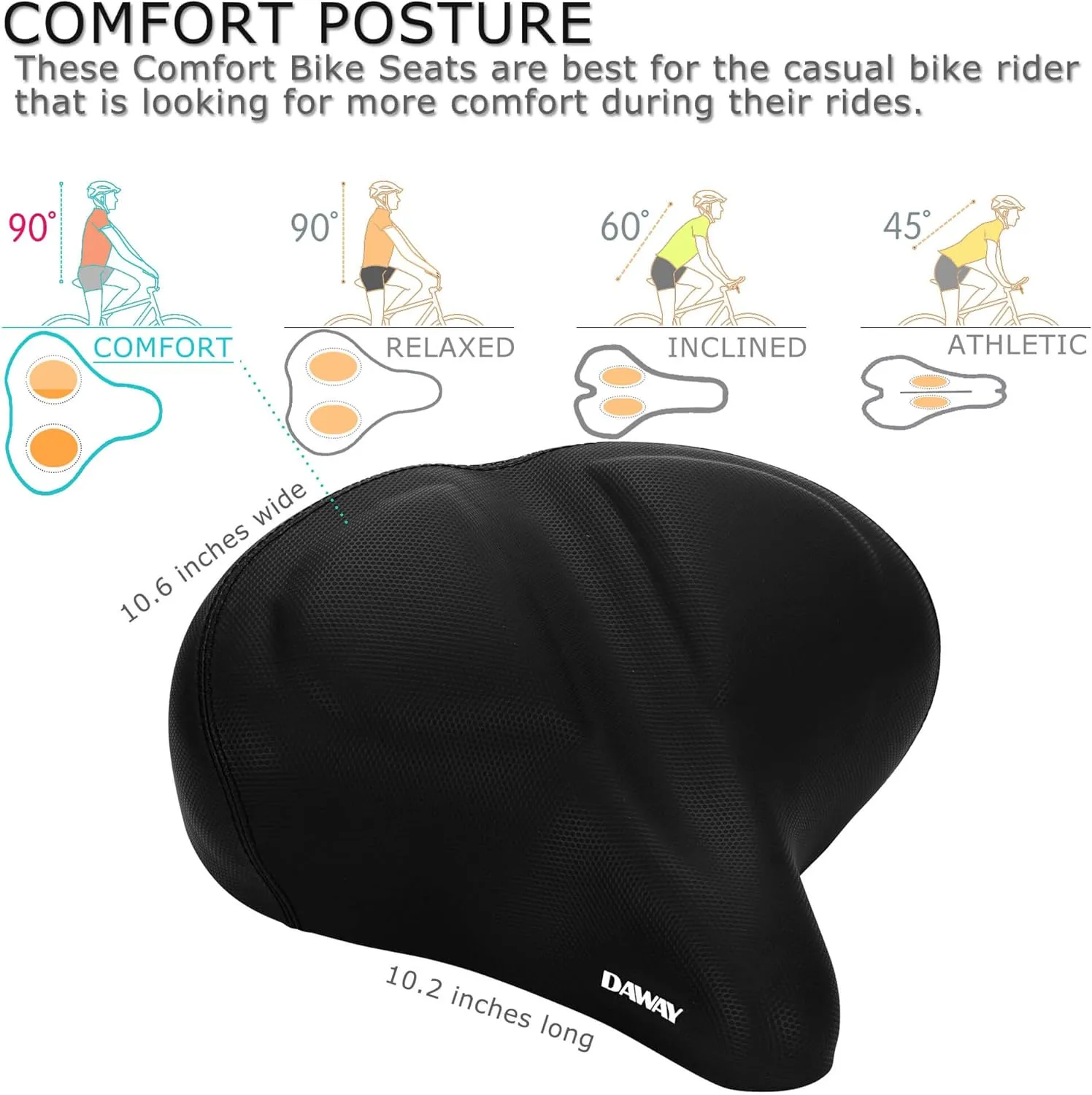DAWAY C40 Ultra Comfortable Oversized Bike Seat - Memory Foam Padded, Extra Wide Bicycle Saddle, Ergonomic Replacement Cushion for Men Women - Fits for Peloton, Cruiser, Mountain, Road, Exercise Bikes