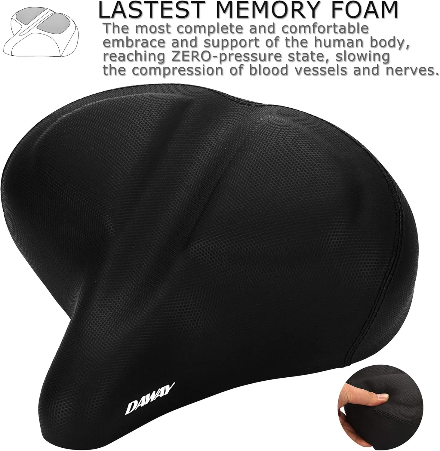 DAWAY C40 Ultra Comfortable Oversized Bike Seat - Memory Foam Padded, Extra Wide Bicycle Saddle, Ergonomic Replacement Cushion for Men Women - Fits for Peloton, Cruiser, Mountain, Road, Exercise Bikes