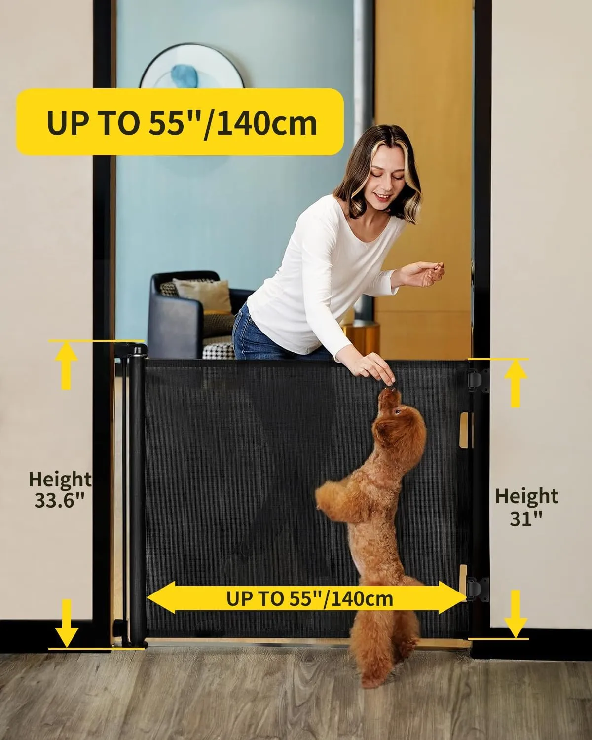 dearlomum 2 Pack Retractable Baby Gate,Mesh Baby Gate or Mesh Dog Gate,33" Tall,Extends up to 55" Wide,Child Safety Gate for Doorways, Stairs, Hallways, Indoor/Outdoor（Black,33"x55"