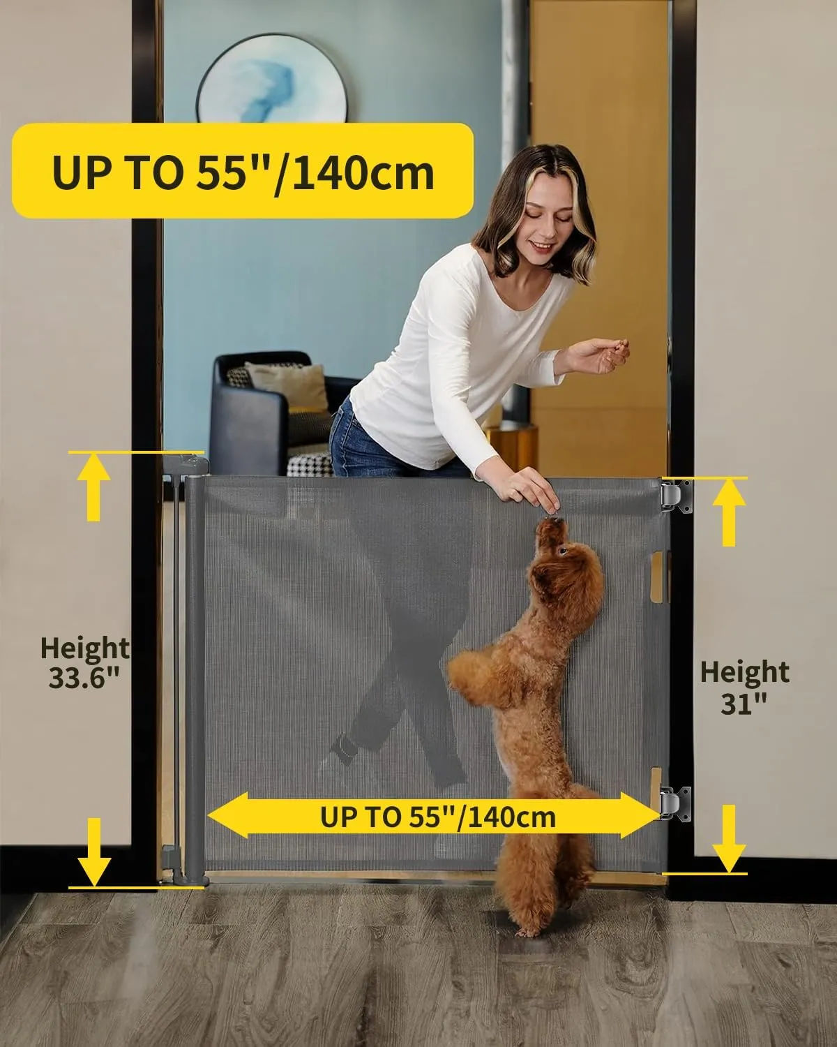 dearlomum Retractable Baby Gate,Mesh Baby Gate or Mesh Dog Gate,33" Tall,Extends up to 55" Wide,Child Safety Gate for Doorways, Stairs, Hallways, Indoor/Outdoor（Grey,33"x55"