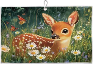 Deer Butterfly Golf Towel with Heavy Duty Carabiner Clip Quick Dry Ultra Absorbent Club Ball Cleaning Towel Golf Accessories for Men Women