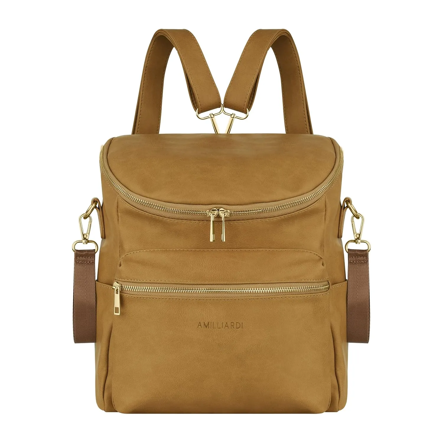 Diaper Bag Backpack - 2 INSULATED Bottle Holders - Detachable Stroller Straps - Caramel Vegan Leather - Small