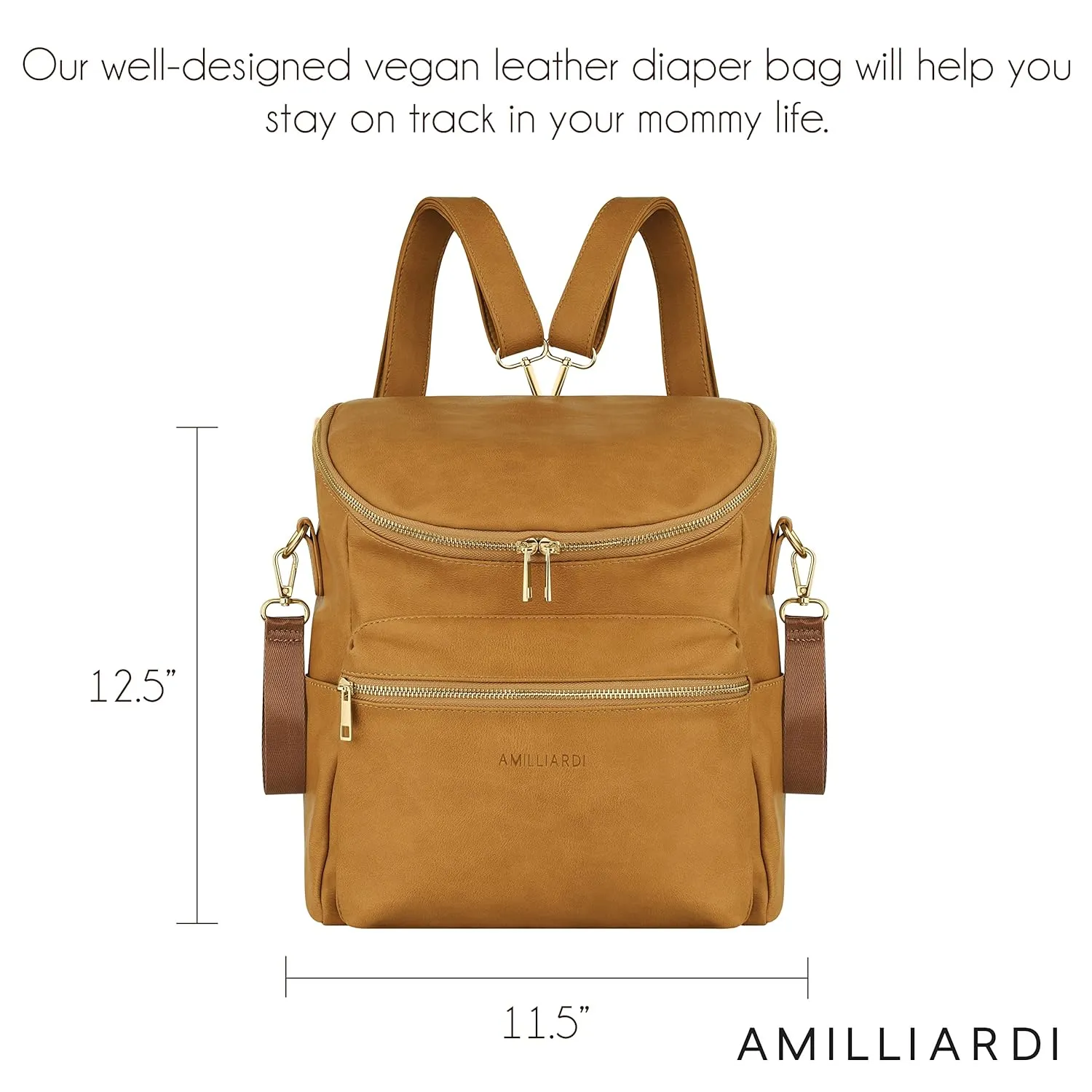 Diaper Bag Backpack - 2 INSULATED Bottle Holders - Detachable Stroller Straps - Caramel Vegan Leather - Small