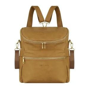 Diaper Bag Backpack - 2 INSULATED Bottle Holders - Detachable Stroller Straps - Caramel Vegan Leather - Small