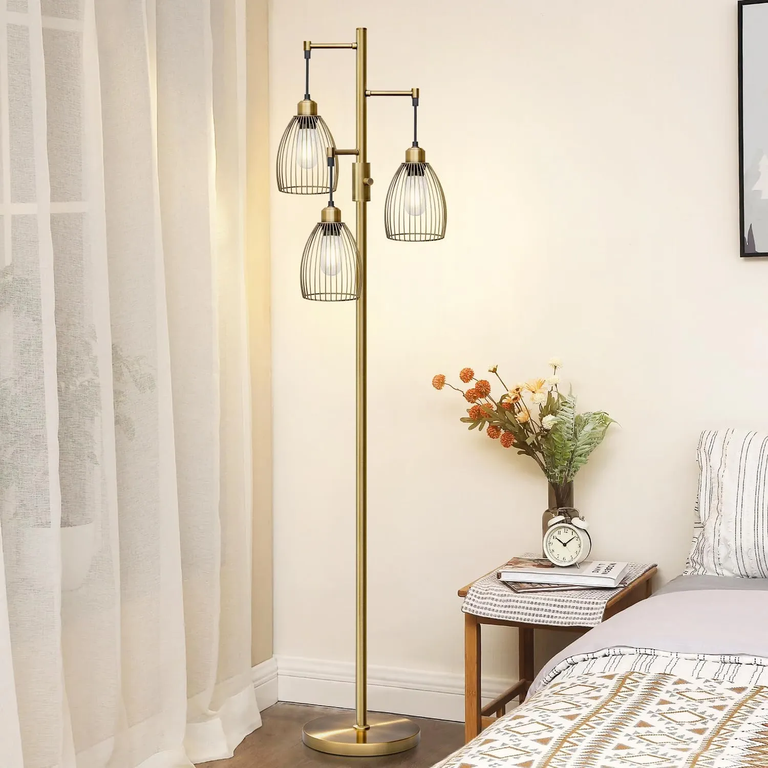 Dimmable Floor Lamp, 3 x 800LM LED Edison Bulbs Included, Farmhouse Industrial Floor Lamp Standing Tree Lamp with Elegant Teardrop Cage Tall Lamps for Living Room Bedroom Office Dining Room-Brass