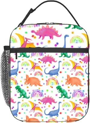 Dinosaurs Chidish cute flowers rainbows Watercolor naive simple style Insulated Iunch Bag for Men Woman Large Portable Waterproof Reusable Thermal Lunch Box with Pockets for Work Travel Picnic