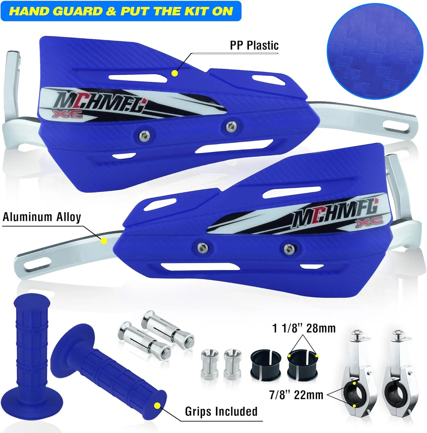 Dirt Bike Handguards with Grips - 7/8" and 1 1/8" Motorcycle Hand Guards for ATV - Universal Handguards Bracket for Off Road Motorcross (Blue)