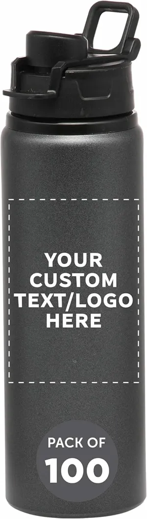 DISCOUNT PROMOS Custom Aluminum Water Bottles with Snap Lids 25 oz. Set of 100, Personalized Bulk Pack - Reusable, Great for Gym, Hiking, Cycling, For School - Charcoal