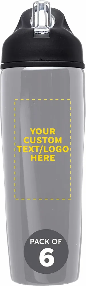 DISCOUNT PROMOS Custom Stainless Steel Water Bottle, 6 pack, Personalized Text, Logo, 28.5 oz Metal Sports Bottles with Flip Top, Easy Carrying, Silver