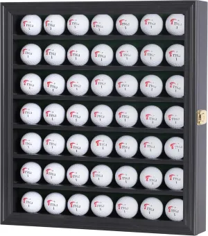 DisplayGifts 49 Golf Ball Display Cabinet Stand Storage Wall Mounted 7 Shelves Display Case Shadow Box with Lockable Door, Great Gift (49 Ball Holder, Black Finish)