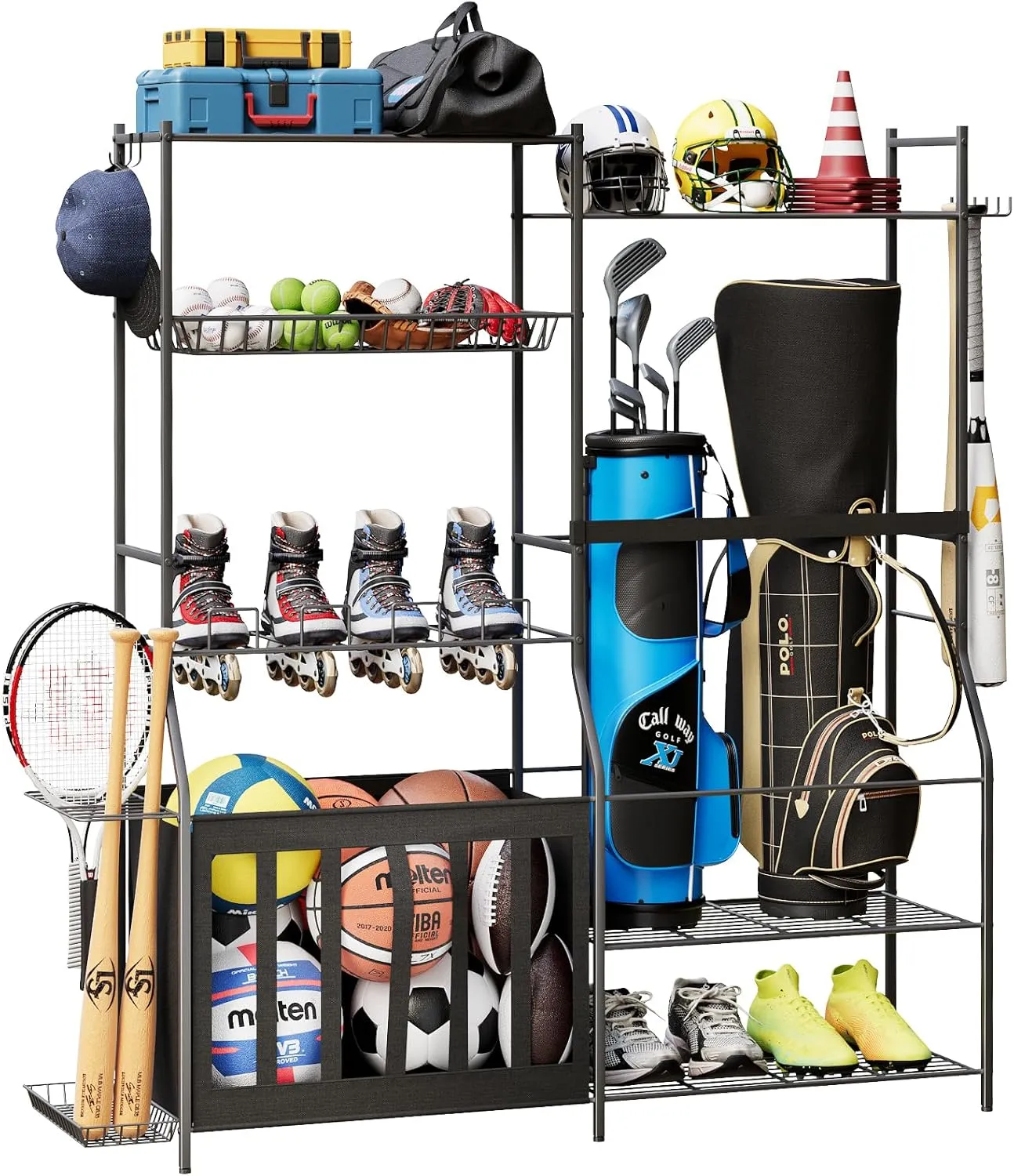 Dosker Garage Sports Equipment Storage Organizer,2 Golf Bag Stand for Garage Ball Storage Rack, Multi Use Equipment Storage with Hooks for Sports,Ball Holder with Baskets
