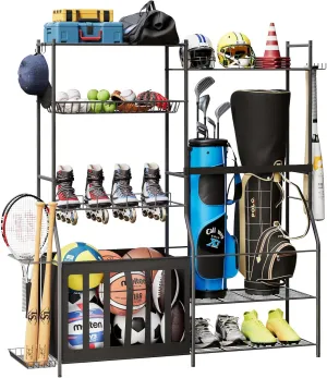 Dosker Garage Sports Equipment Storage Organizer,2 Golf Bag Stand for Garage Ball Storage Rack, Multi Use Equipment Storage with Hooks for Sports,Ball Holder with Baskets