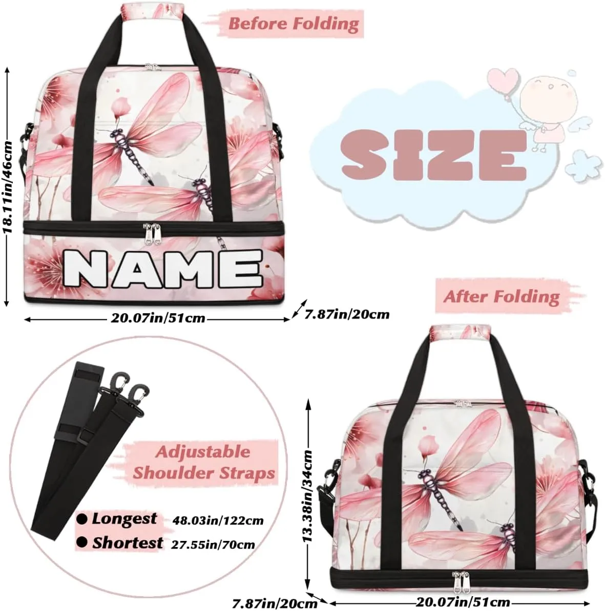 Dragonfly Animal Flower Custom Foldable Duffle Bag with Shoes Compartment Personalized Large Capacity Waterproof Travel Weekender Bag Overnight Bag for Sports Gym