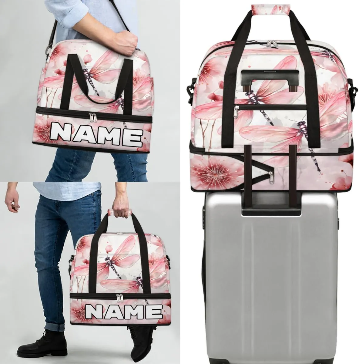 Dragonfly Animal Flower Custom Foldable Duffle Bag with Shoes Compartment Personalized Large Capacity Waterproof Travel Weekender Bag Overnight Bag for Sports Gym