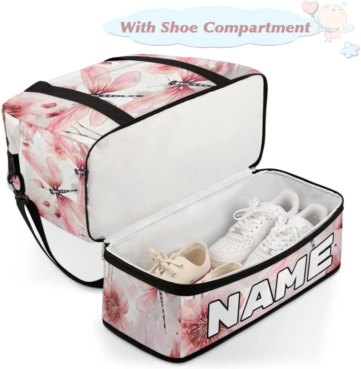 Dragonfly Animal Flower Custom Foldable Duffle Bag with Shoes Compartment Personalized Large Capacity Waterproof Travel Weekender Bag Overnight Bag for Sports Gym